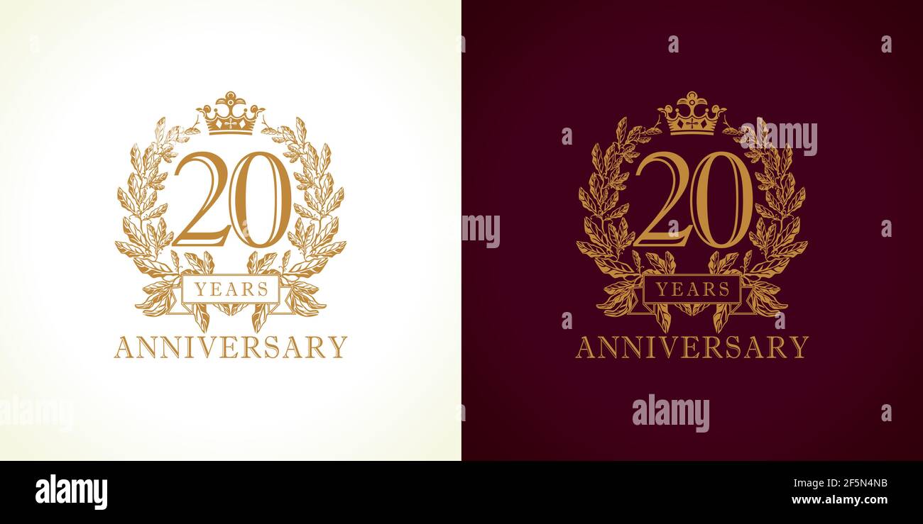 20 years old luxury logotype. Congratulating 20th numbers gold color template framed in palms. Isolated congrats design. Celebrating tradition twenty Stock Vector