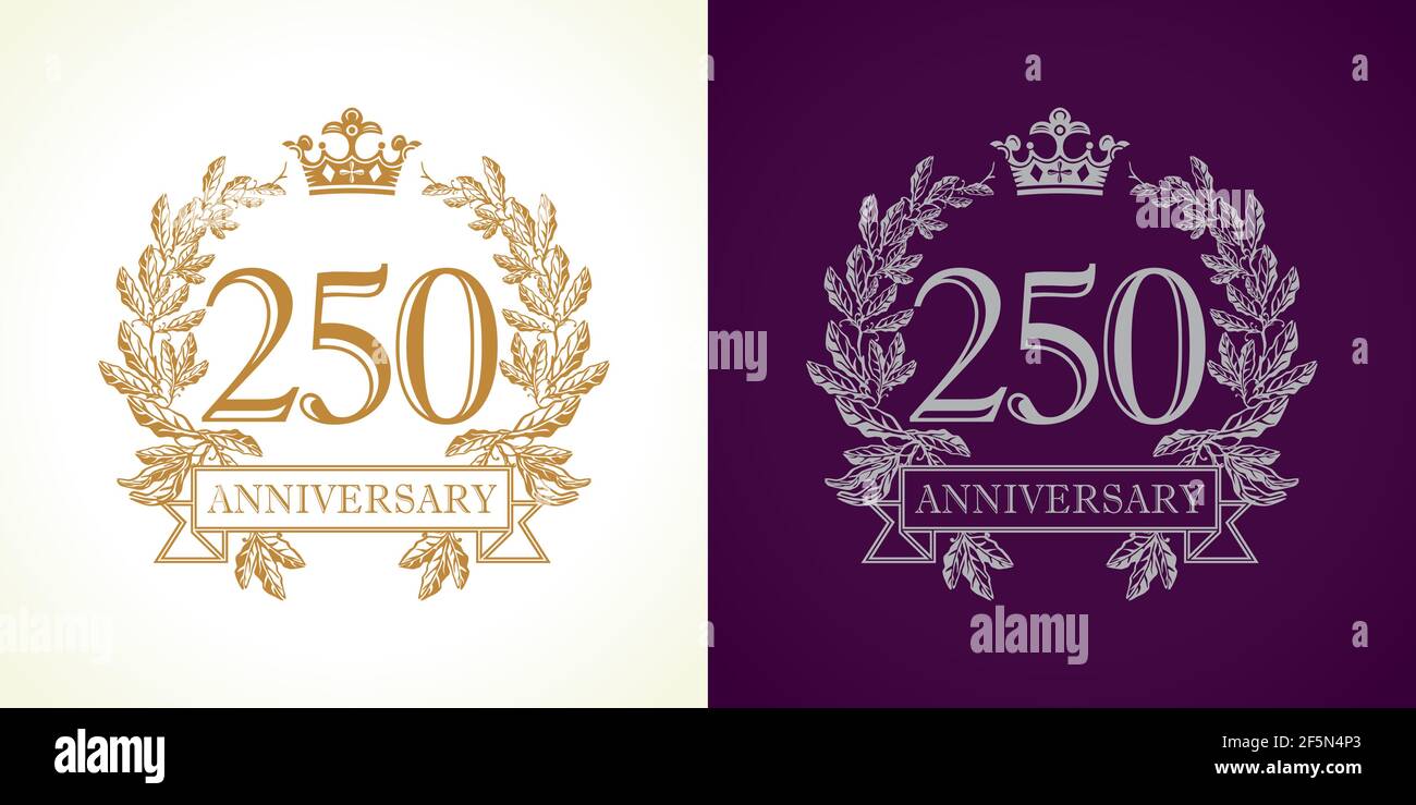 250 years old luxury logotype. Congratulating 250th numbers, heraldic gold color frame. Congrats concept. Celebrating tradition two, five and zero dig Stock Vector
