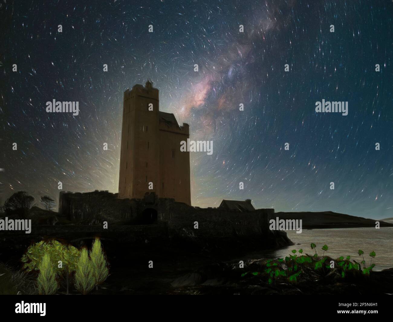 Illustration of a castle silhoutte in night under starry sky Stock ...