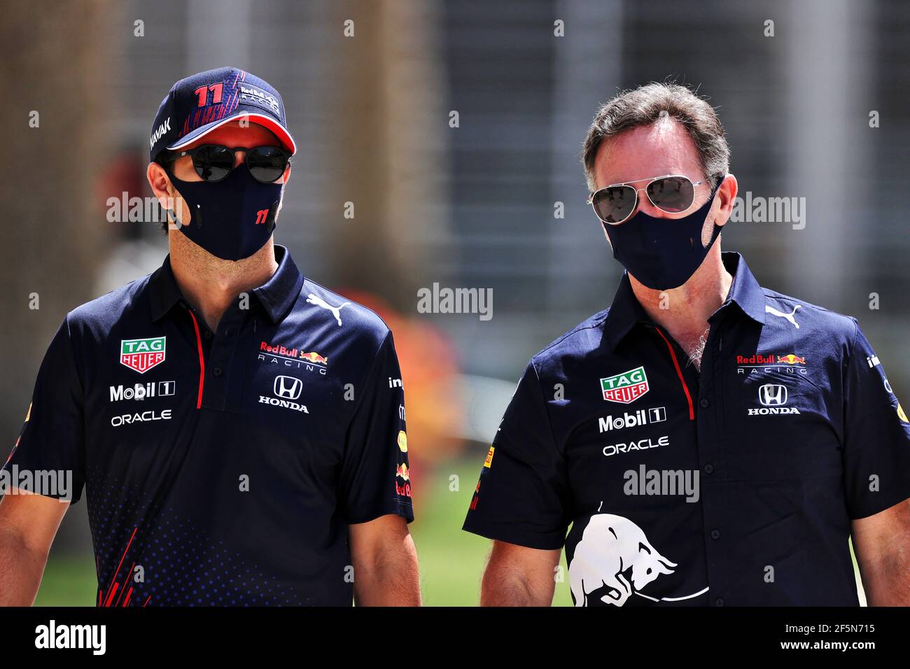 L To R Sergio Perez Mex Red Bull Racing With Christian Horner Gbr Red Bull Racing Team Principal Bahrain Grand Prix Saturday 27th March 21 Sakhir Bahrain Stock Photo Alamy