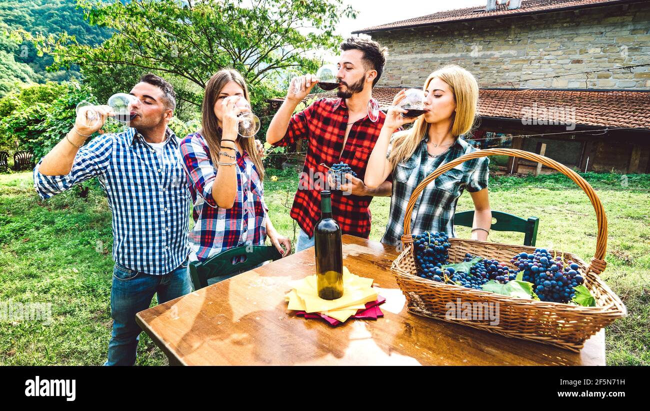 Happy friends having fun drinking at winery vineyard - Friendship concept with young people enjoying harvest together at farmhouse - Red wine tasting Stock Photo
