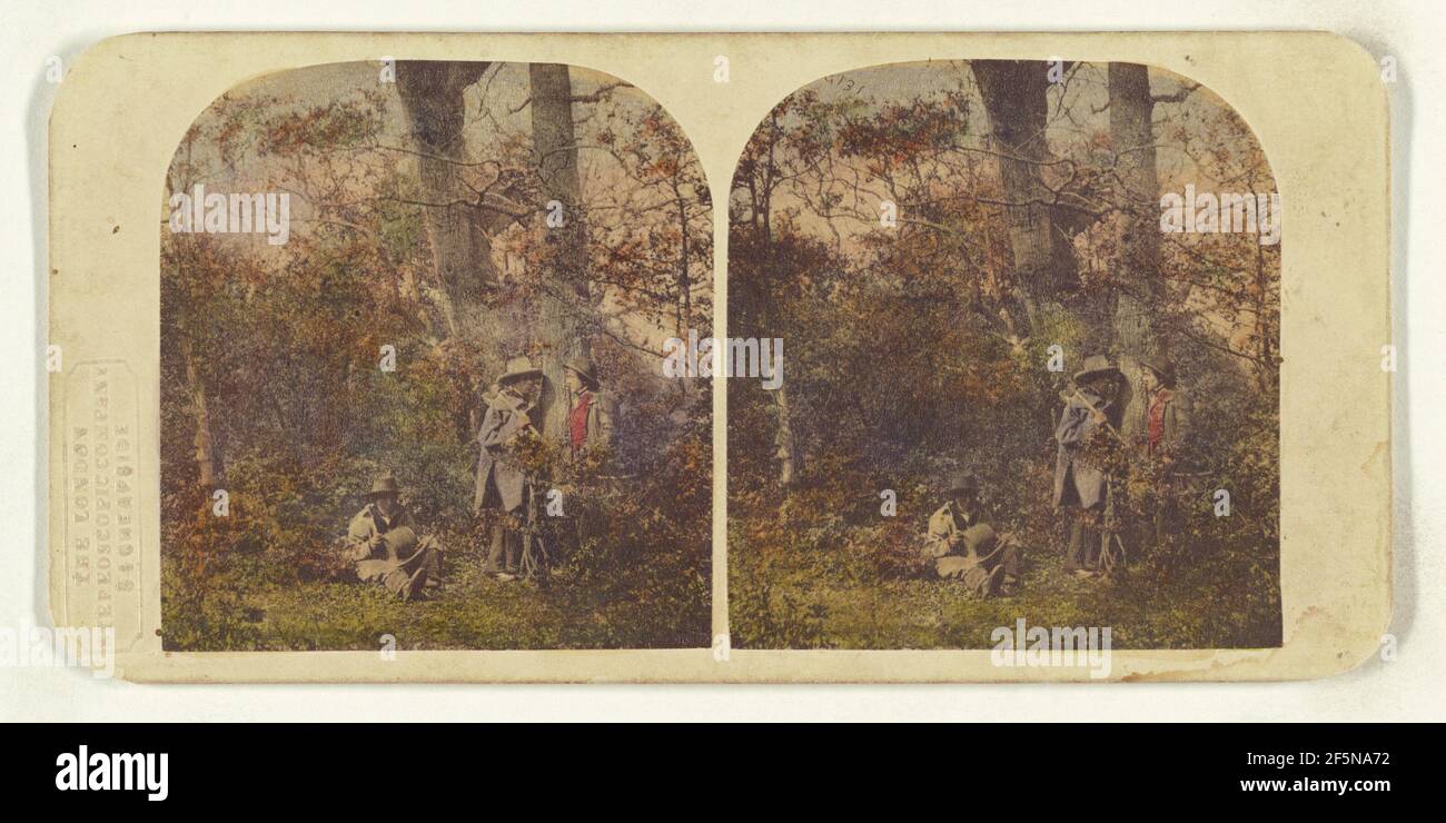 Three men in the woods, two standing, one seated. William Grundy ...