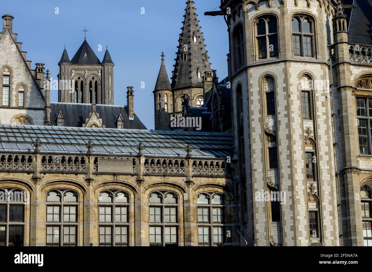 Details of the facades of buildings on Graslei, Ghent, Belgium. Stock Photo