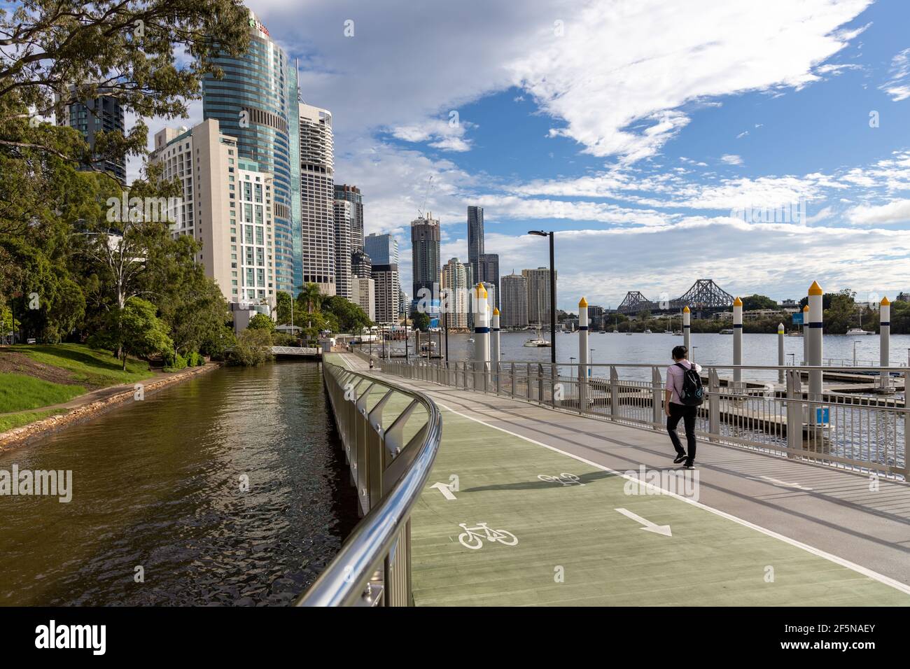The iconic riverwalk and Brisbane Cityscape along the Brisbane River in Queensland on March 24th 2021 Stock Photo