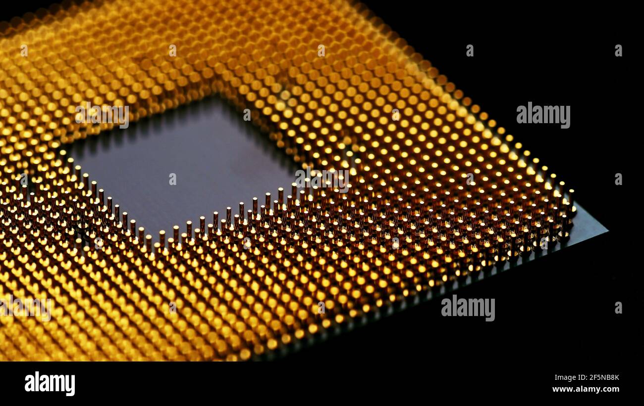 Processor to the computer. Concept for technology and computing. Detail of connectors. CPU Chip Processor for tech science background. Stock Photo