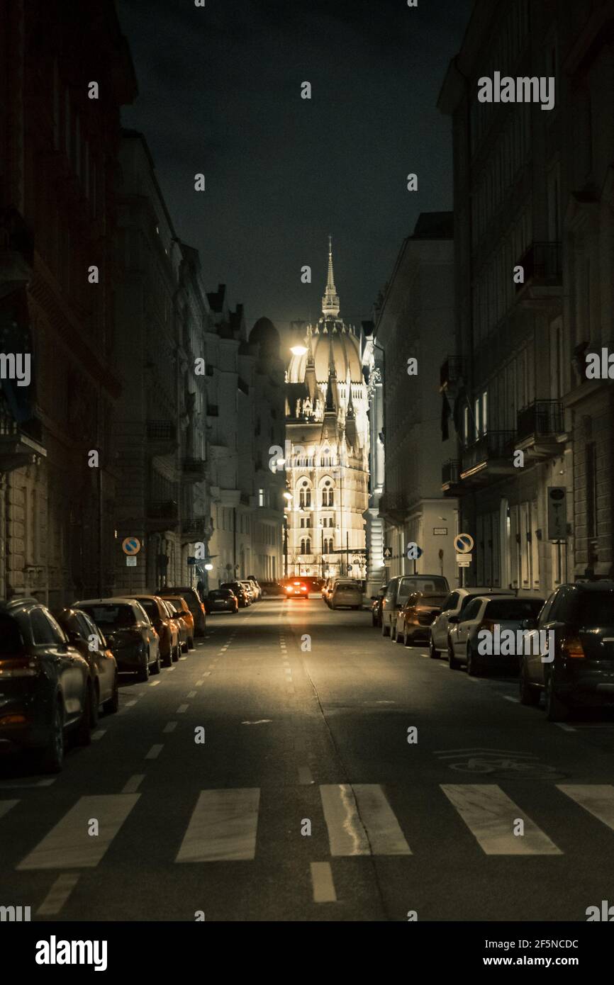 Unique view of the Hungarian Parliament Building at Night Stock Photo