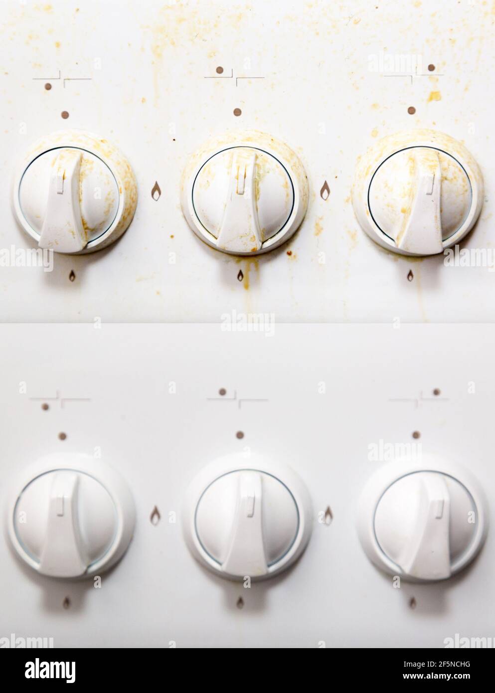 Dirty and clean kitchen gas stove, before and after concept comparison