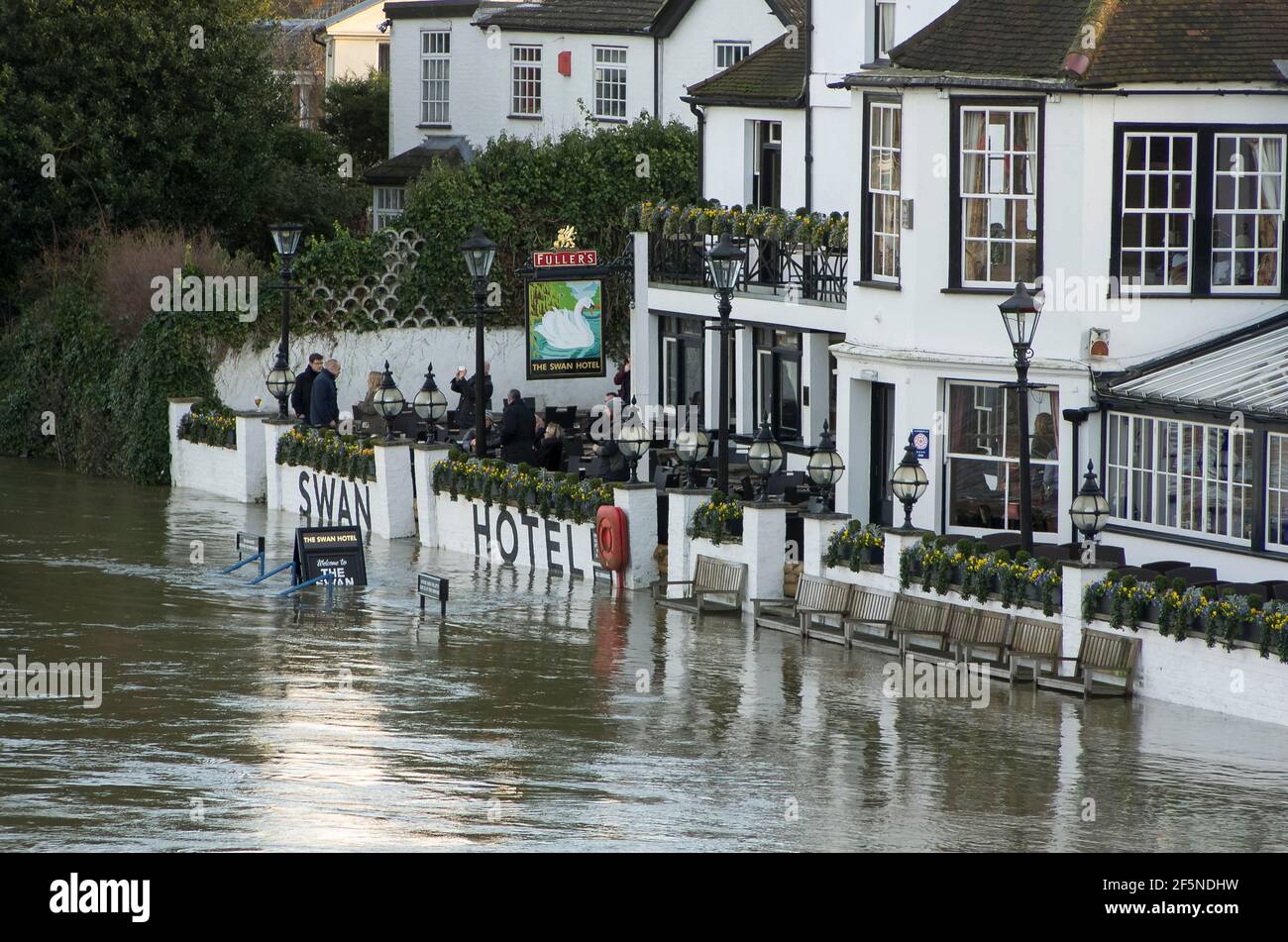 The Swan Hotel, Staines-upon-Thames, Surrey, UK, during the flood of the River Thames in 2014 Stock Photo