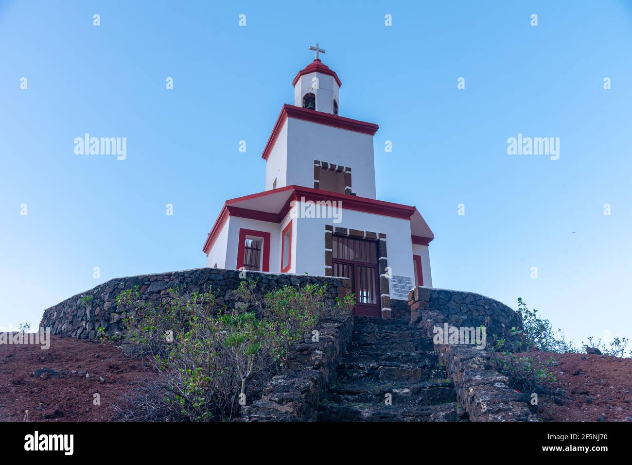 Bell tower above the Parish church of Nuestra Senora de Candelaria at La frontera at El Hierro, Canary islands, Spain. Stock Photo