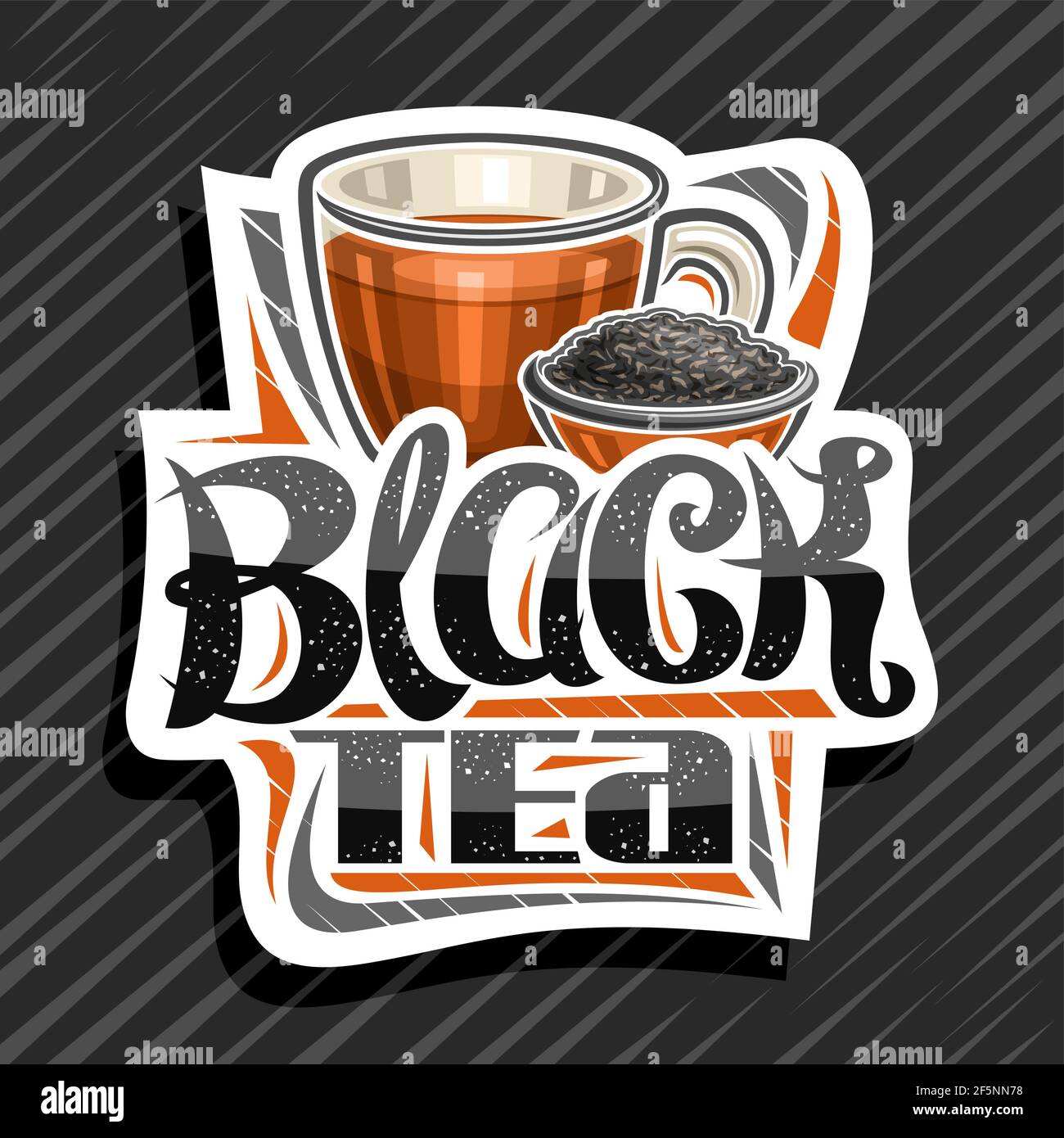 Vector logo for Black Tea, decorative cut paper label with illustration of transparent teacup with orange drink, small bowl with dried blended tea, wh Stock Vector