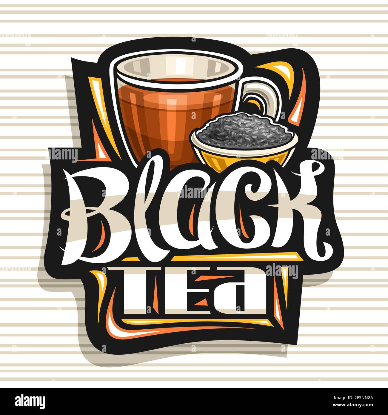 Vector logo for Black Tea, decorative label with illustration of transparent teacup and small bowl with dried blended tea, art design sign with unique Stock Vector