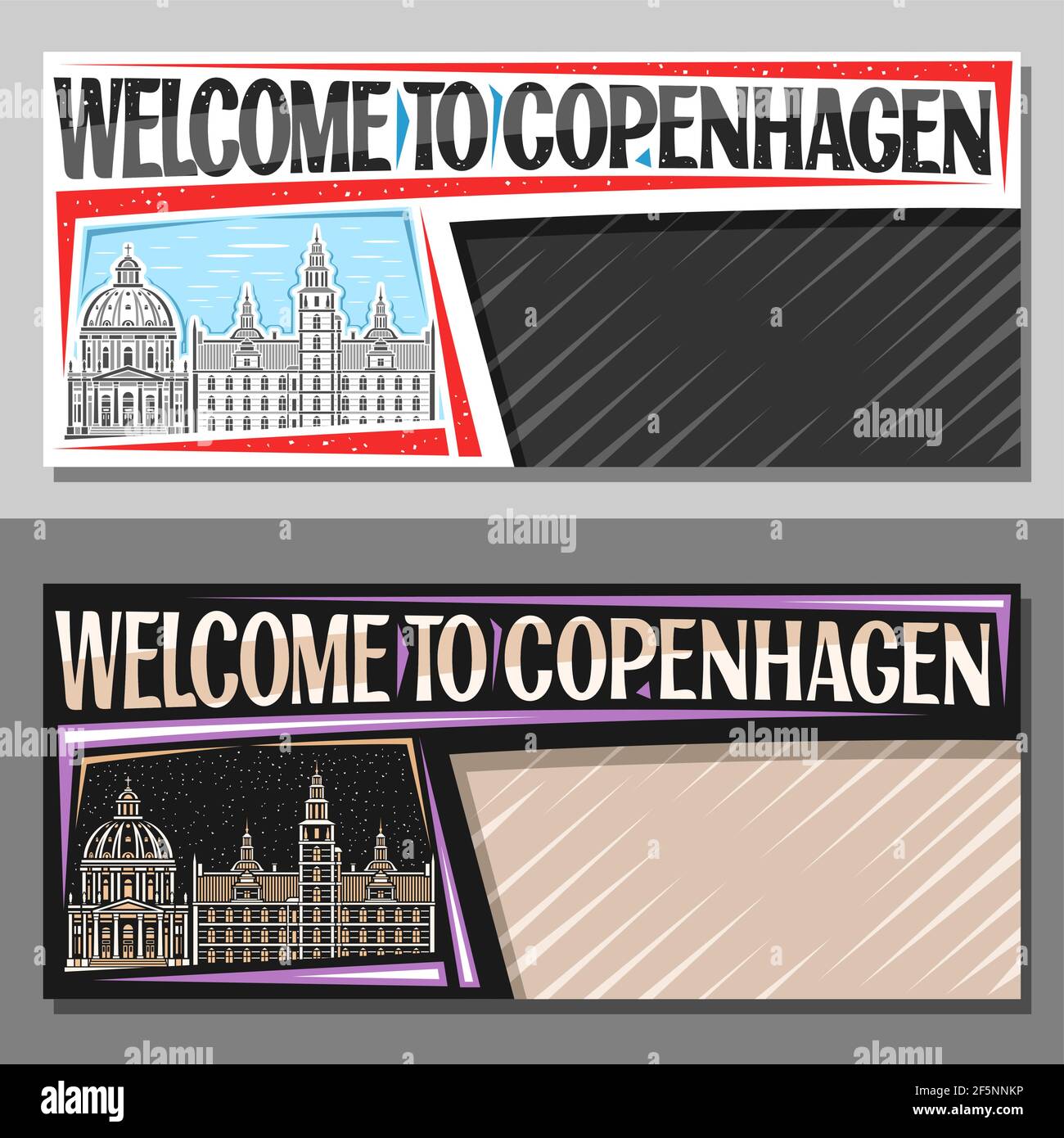 Vector layouts for Copenhagen with copy space, decorative voucher with illustration of copenhagen city scape on day and dusk sky background, art desig Stock Vector