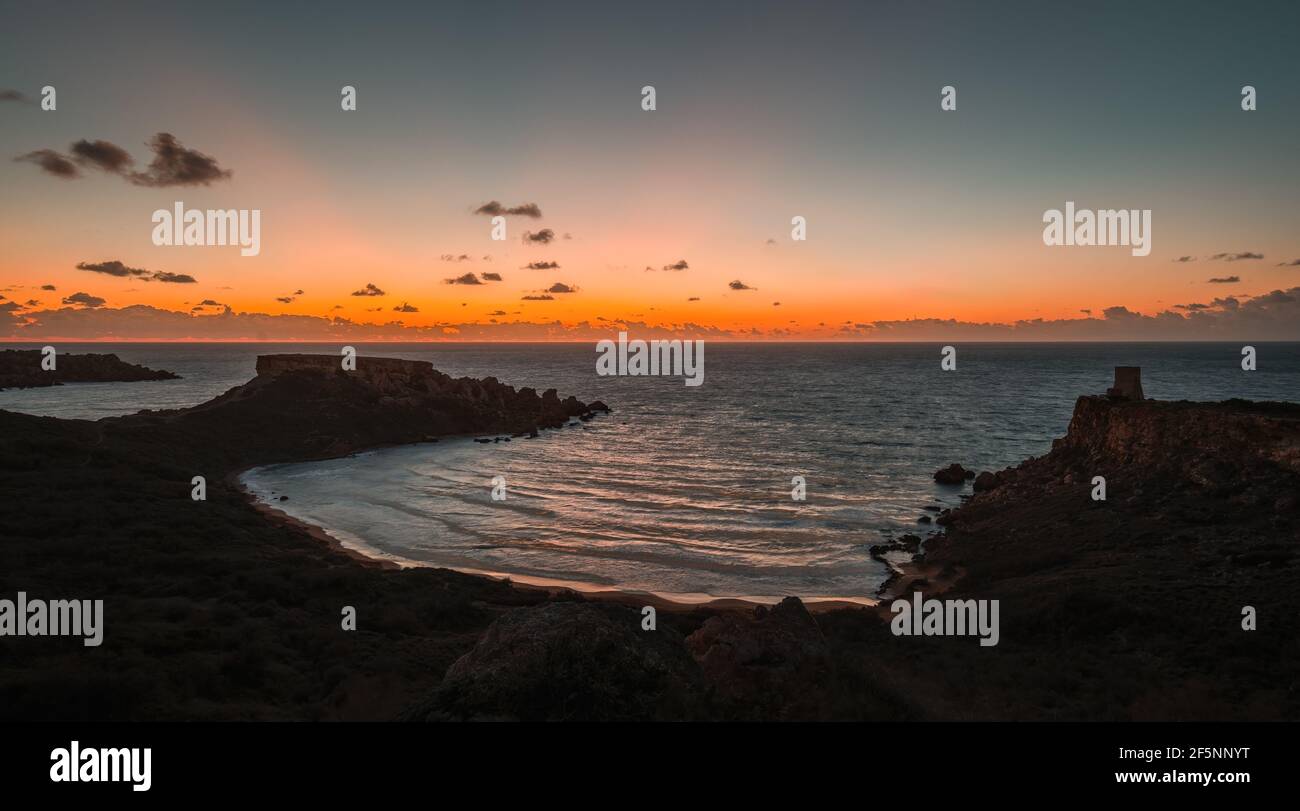 Sunset in Ghajn Tuffieha, Golden Bay, Gnejna Bay, Malta Stock Photo - Alamy