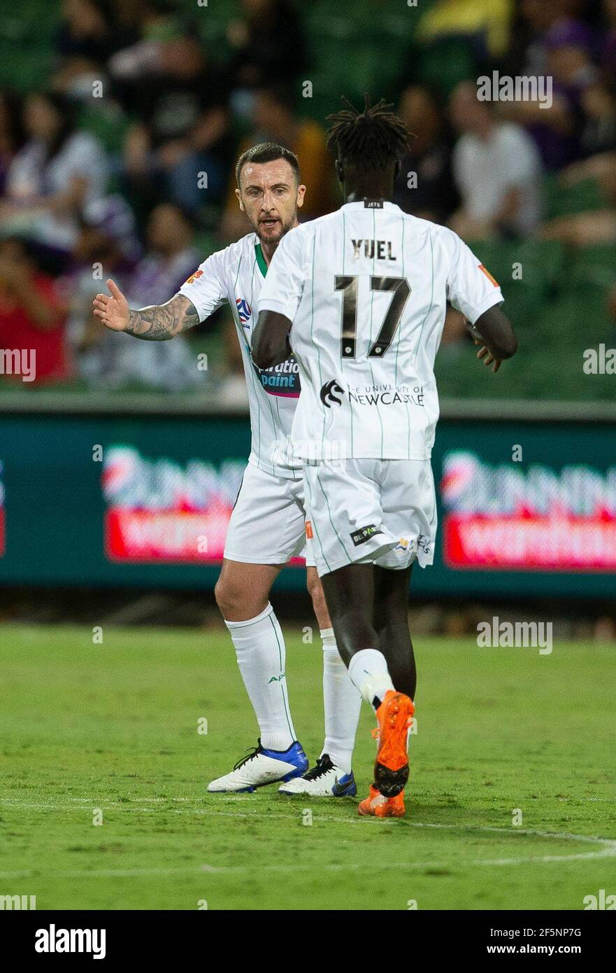 27th March 2021; HBF Park, Perth, Western Australia, Australia; A League Football, Perth Glory versus Newcastle Jets; Roy O&#x2019;Donovan of the Newcastle Jets celebrates his goal in the 58th minute to make the score 2-1 in Glory&#x2019;s favour with Kuach Yuel Stock Photo