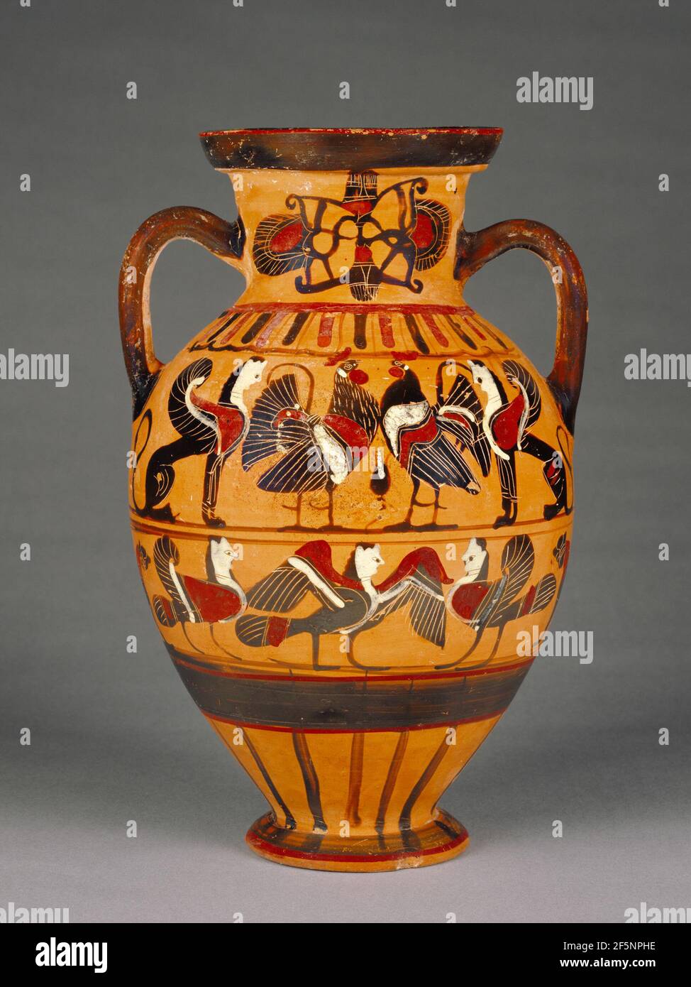Attic Black-Figure Amphora ('Tyrrhenian'). Attributed to Pointed Nose Painter (Greek (Attic)) Stock Photo