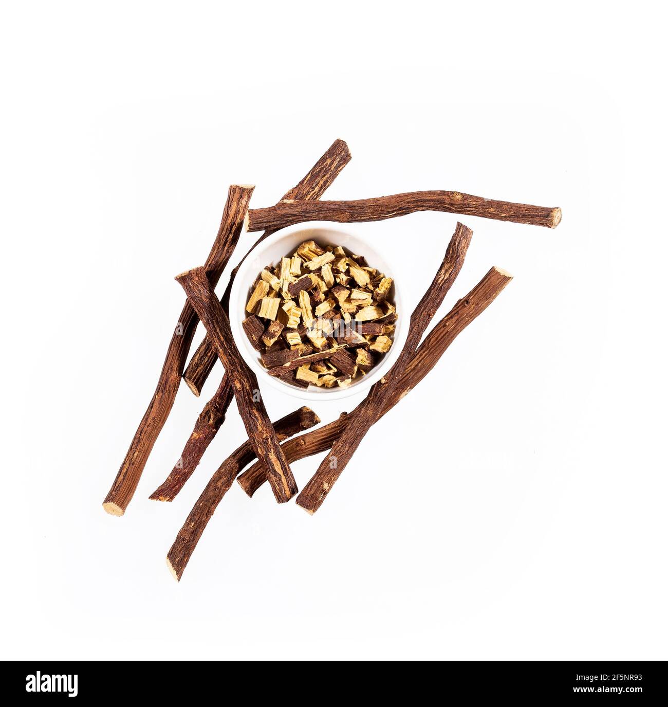 Chunks of Licorice Roots Glycyrrhiza glabra. White background Stock