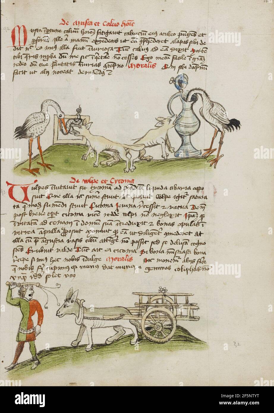 A Stork with its Head in a Vessel and a Fox Nearby; A Stork Spitting Out a Snake which the Fox Eats; A Farmer Driving a Mule-Cart. Unknown Stock Photo