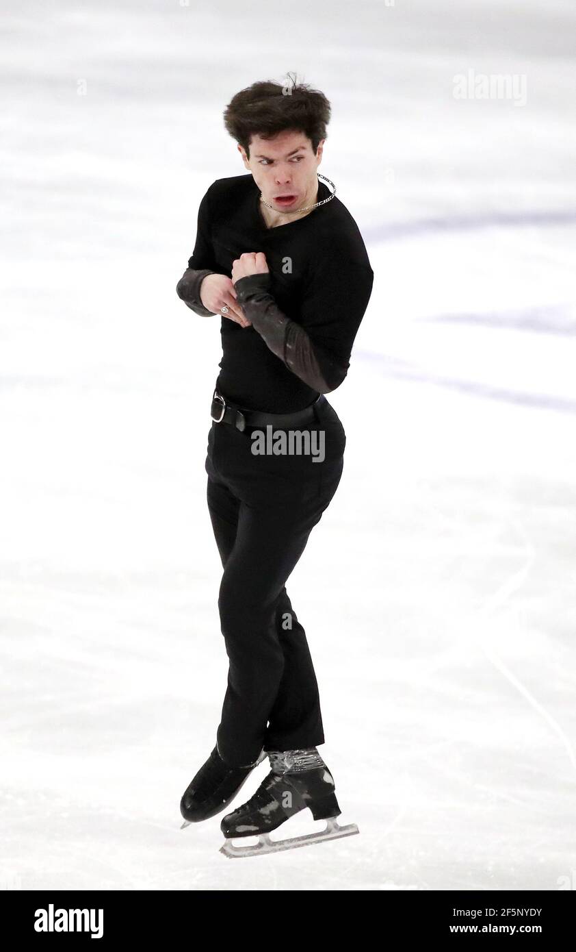 Stockholm, Sweden. 27th Mar, 2021. Figure skater Keegan Messing of Canada  performs during the men's free