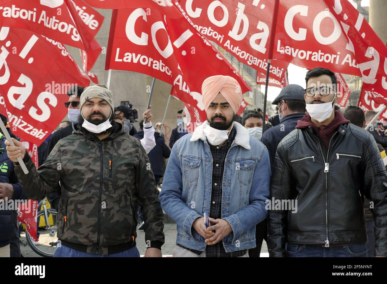National strike of home food delivery bike riders and of express couriers and logistic personnel, demonstration in Milan,  March 2021 Stock Photo