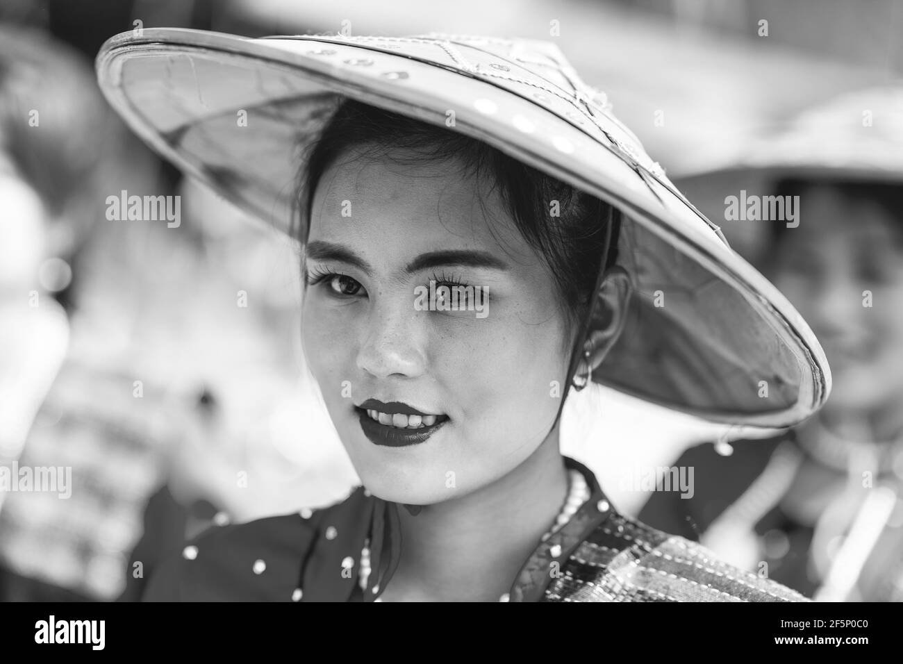 A Young Danu Ethnic Minority Woman In Traditional Costume At The Annual Pindaya Cave Festival, Pindaya, Shan State, Myanmar. Stock Photo