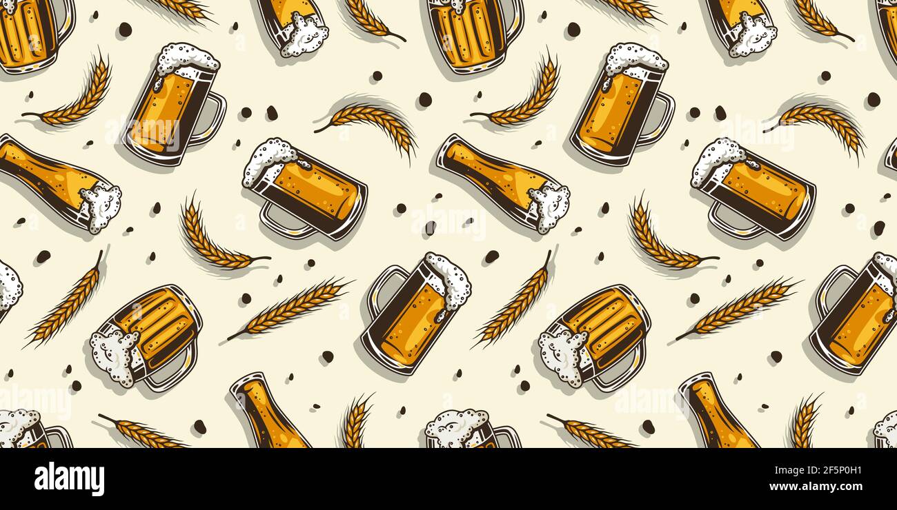 Colored seamless pattern wallpaper with craft beer mug with foam