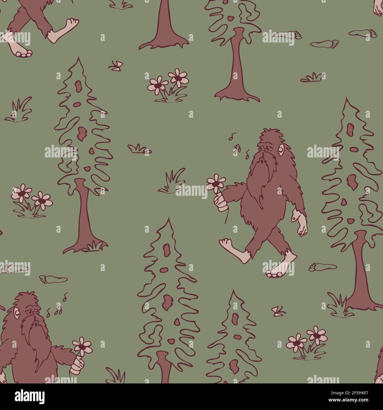 Seamless vector pattern with happy Bigfoot on green background. Mythical animal forest wallpaper design. Hand drawn creature fashion textile. Stock Vector