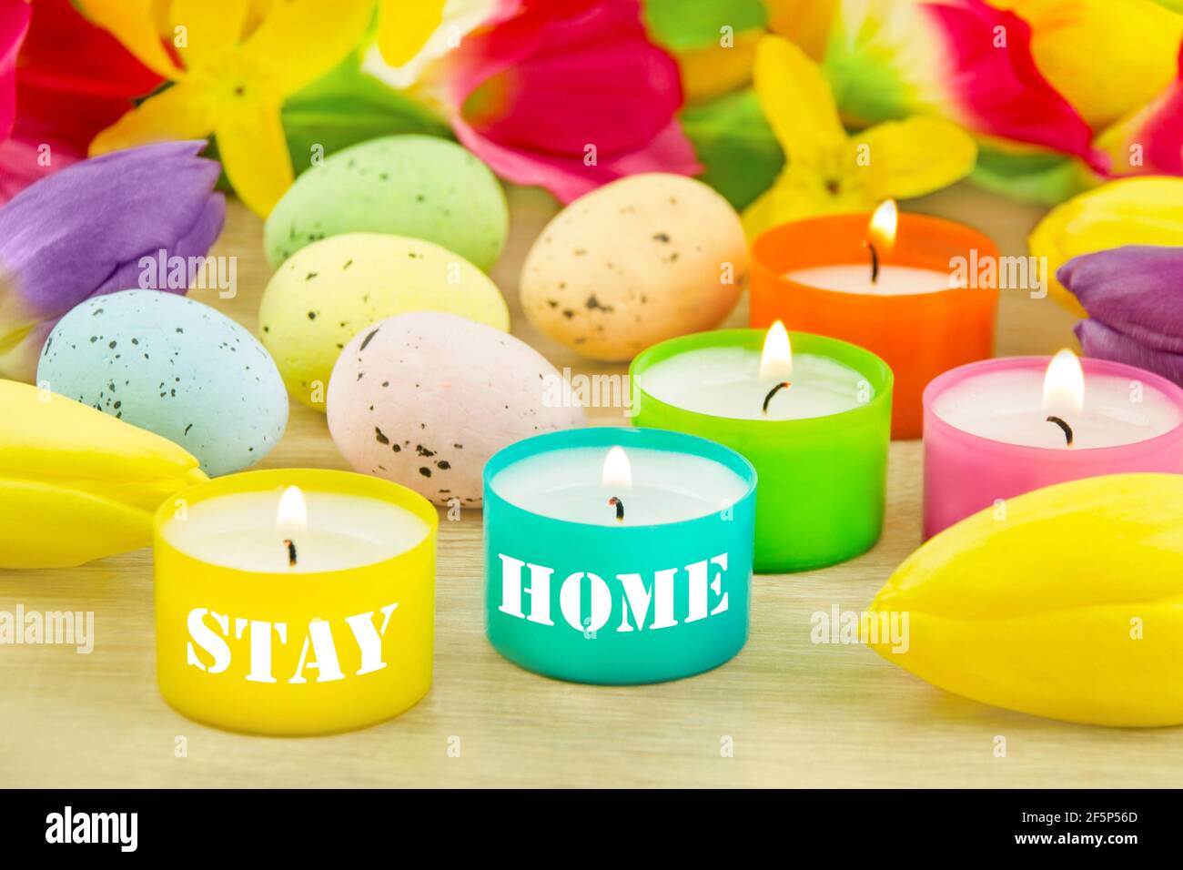 Easter decoration and Stay Home Stock Photo