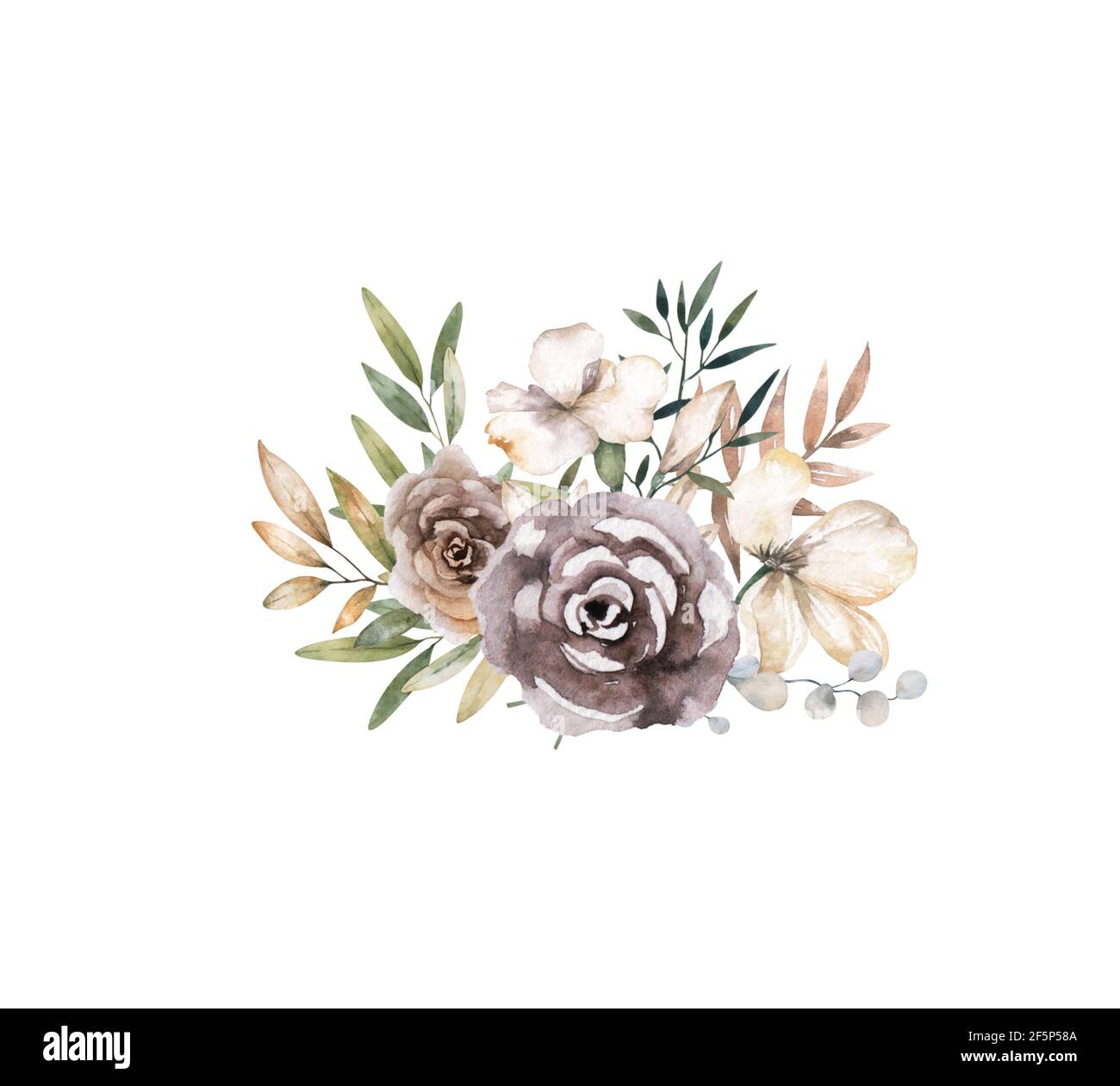 Hand Drawn Watercolor Bouquet With Red White And Blue Roses Peony And Lilac Flowers And Green Leaves Isolated On White Background For Wedding Stock Photo Alamy