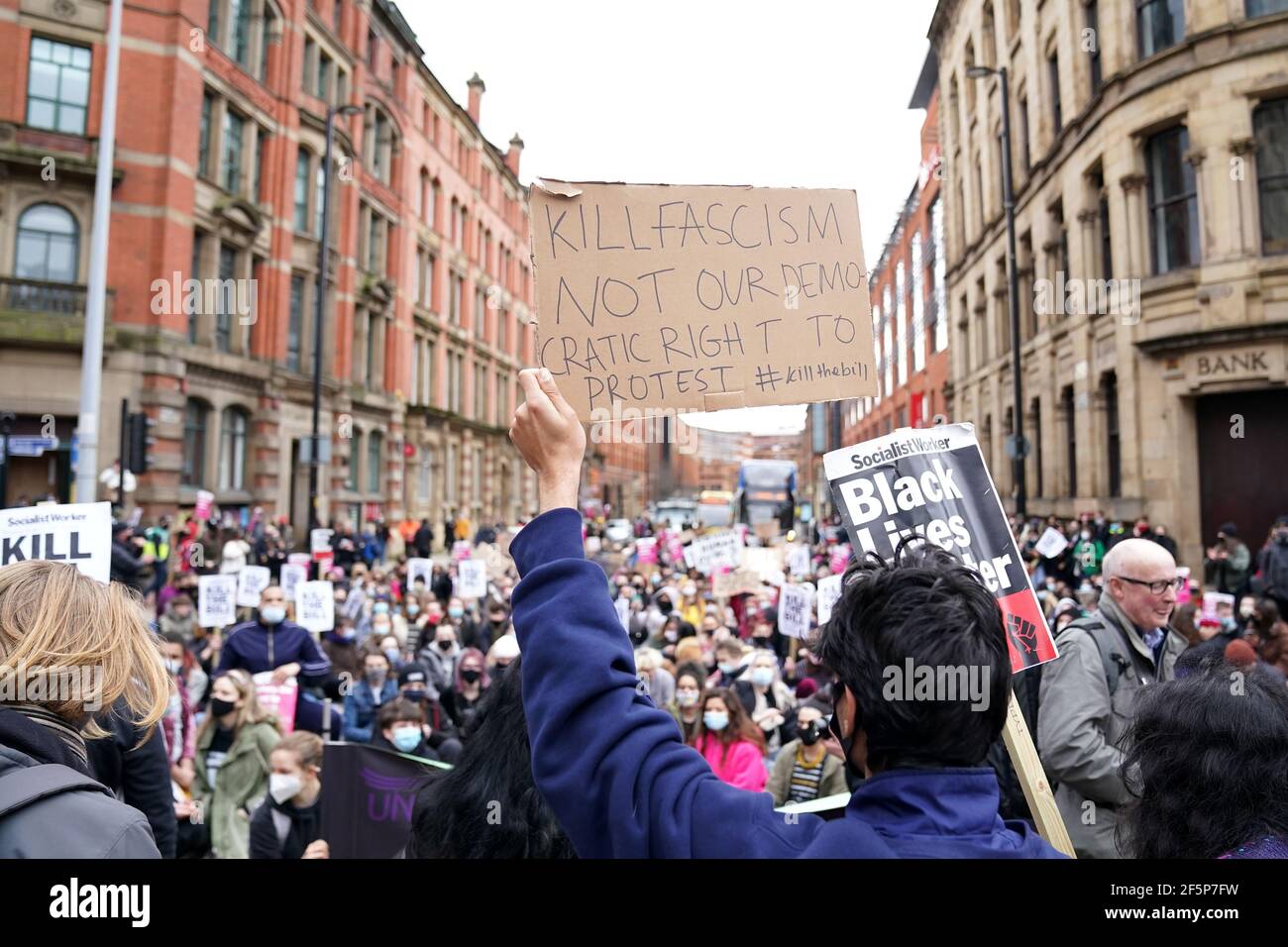 Demonstrators during the 'Kill The Bill' protest against The Police, Crime, Sentencing and Courts Bill in St Peter's Square, Manchester. Picture date: Saturday March 27, 2021. Stock Photo