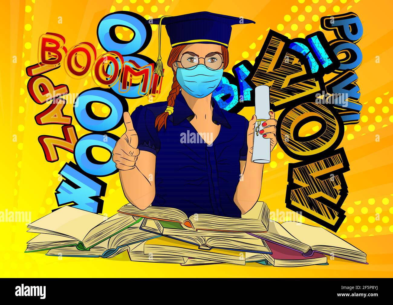 Graduated girl showing a thumbs up sign and a diploma. Girl wearing face mask and graduation cap, coming out from an opened book. College University o Stock Vector