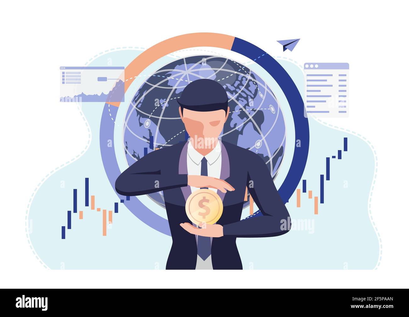 Businessman Holding Dollar Coin in His Hand. Money Protection and Financial Concept. Stock Vector