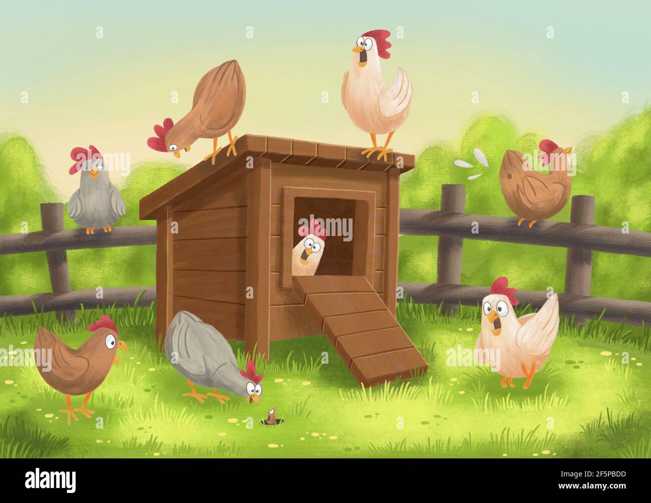 Funny Chickens With Chicken Coop Stock Photo