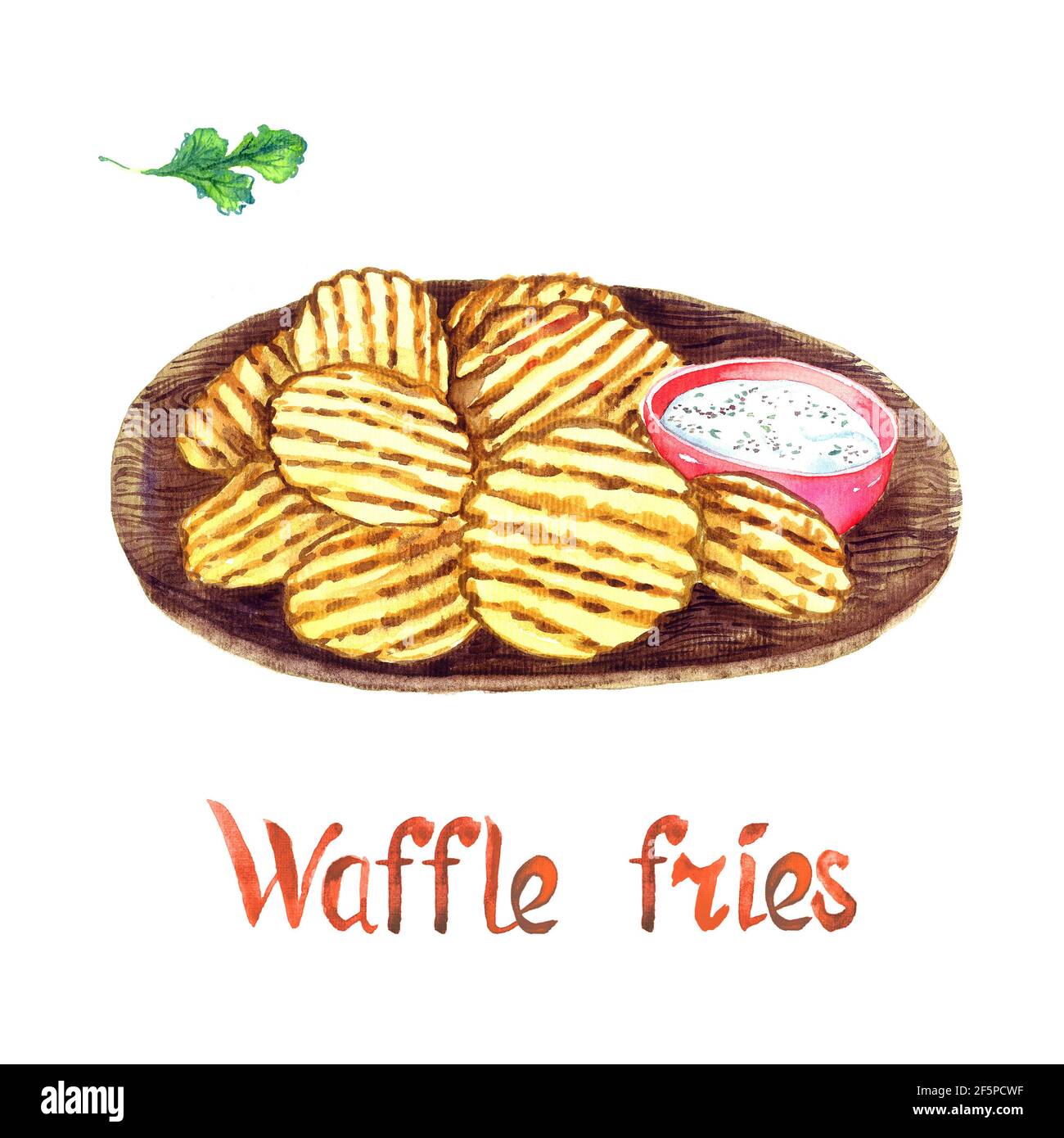 Waffle fries on woodenplate with sauce, isolated on white hand painted ...