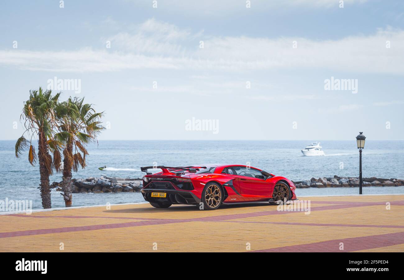 Lamborghini Supercar at Puerto Banus beach, Marbella Spain Stock Photo