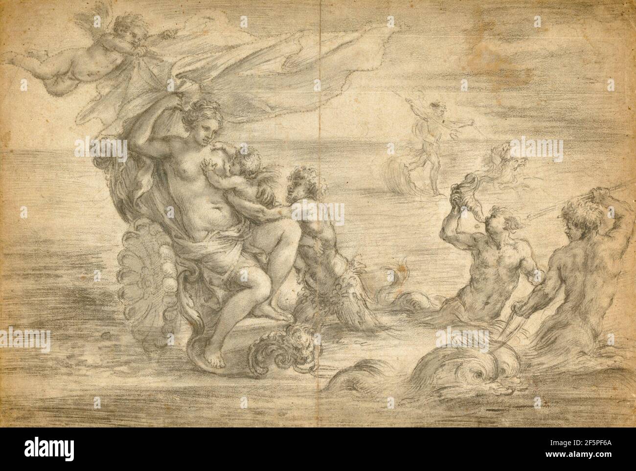 Venus Seated in Her Sea Chariot Suckling Cupid. Alessandro Algardi (Italian, 1598 - 1654) Stock Photo