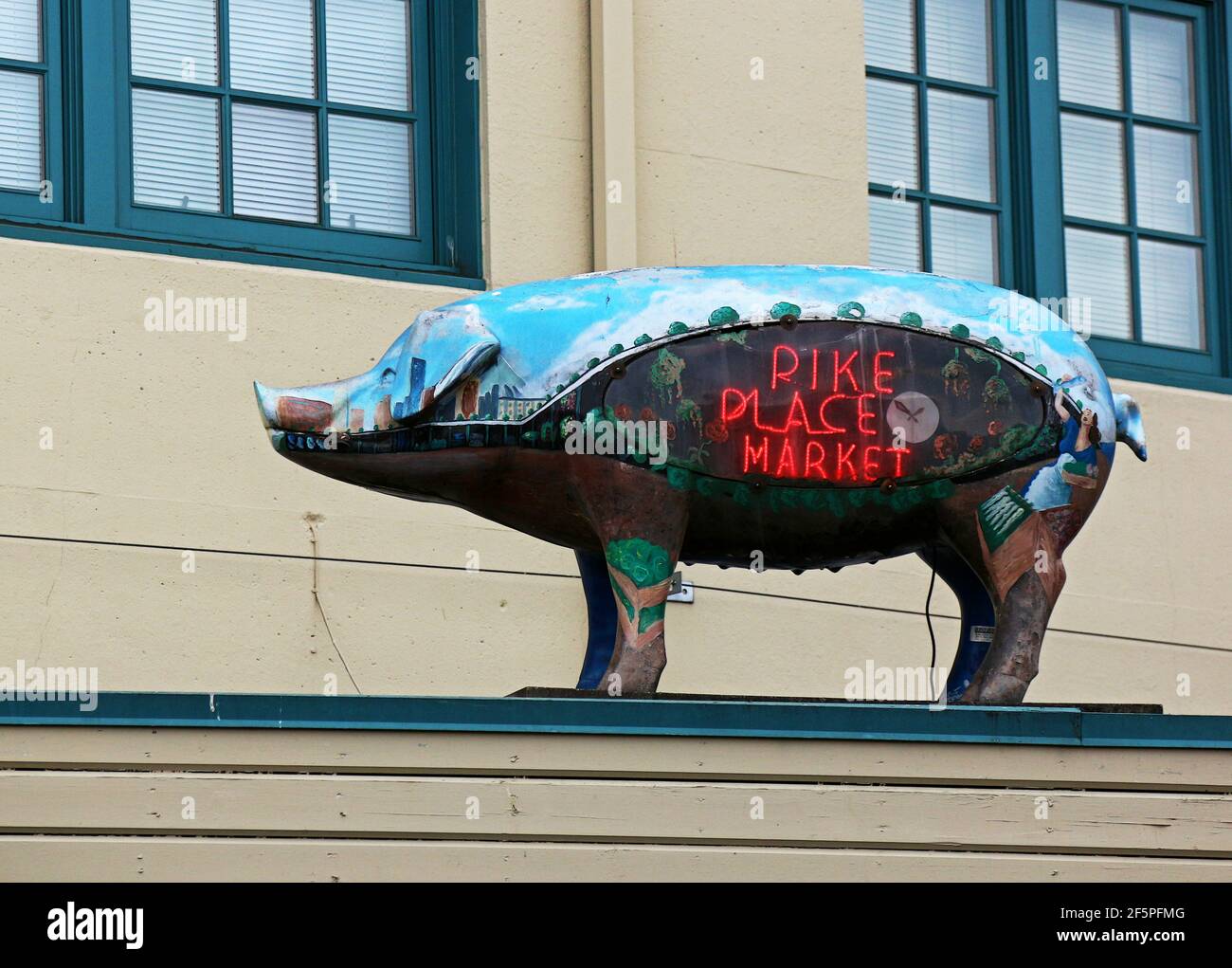 A decorated pig statue at the Pike Place Market in Seattle, Washington. Stock Photo