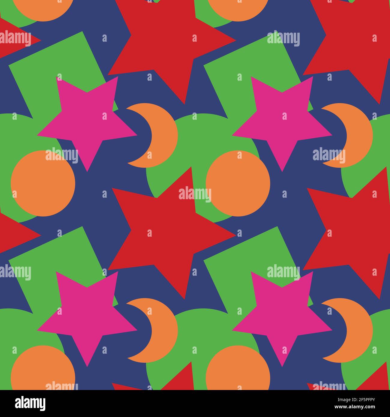 Seamless texture, pattern on a square background - colored geometric shapes - stars, circles, squares, crescents. Background for a site or blog, wallp Stock Vector