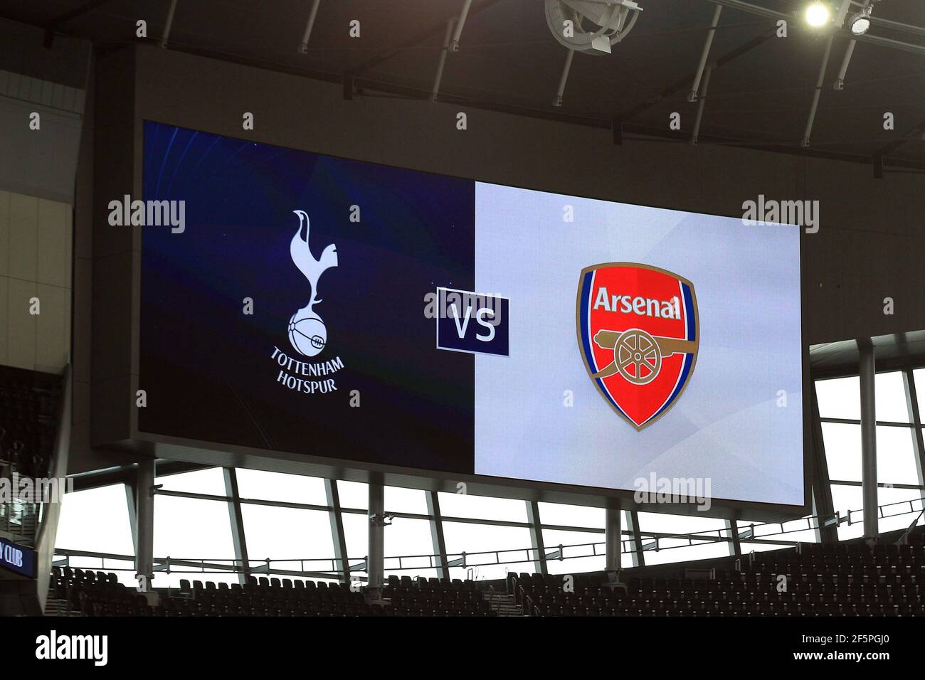 General view of the scoreboard inside the stadium which shows today's North London Derby fixture prior to kick off. Barclays Women's super league match, Tottenham Hotspur Women v Arsenal Women at the Tottenham Hotspur Stadium in London on Saturday 27th March 2021 . this image may only be used for Editorial purposes. Editorial use only, license required for commercial use. No use in betting, games or a single club/league/player publications.pic by Steffan Bowen/Andrew Orchard sports photography/Alamy Live News Stock Photo