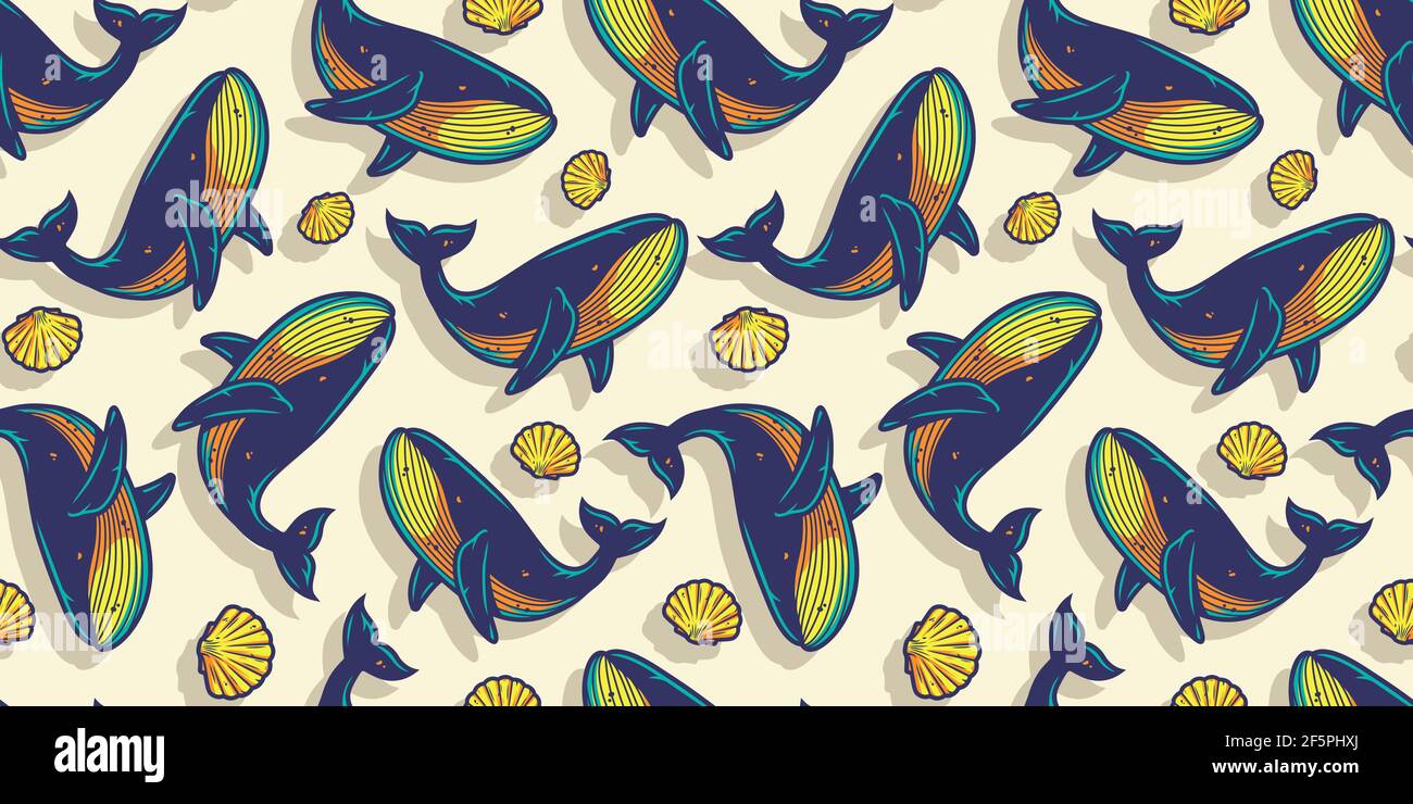 Colored seamless pattern wallpaper with whale. Underwater animals, wild