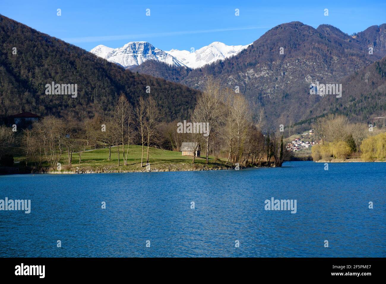 Mountains and turquoise water in Most na Soci, Slovenia Stock Photo