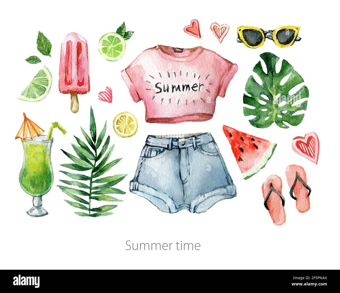 Watercolor summer set with palm leafs, fruits, ice cream, cold drink,  watermelon and summer clothes. Hand drawn vintage clip art. Exotic fresh  Stock Photo - Alamy