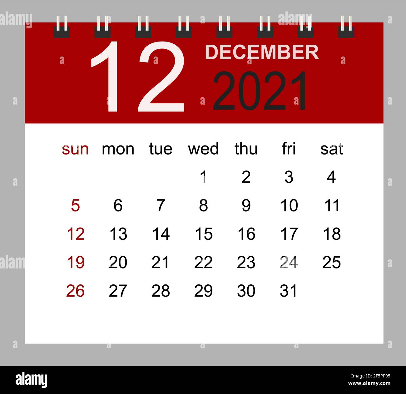 Simple desk calendar for December 2021. Week starts Sunday. Isolated ...