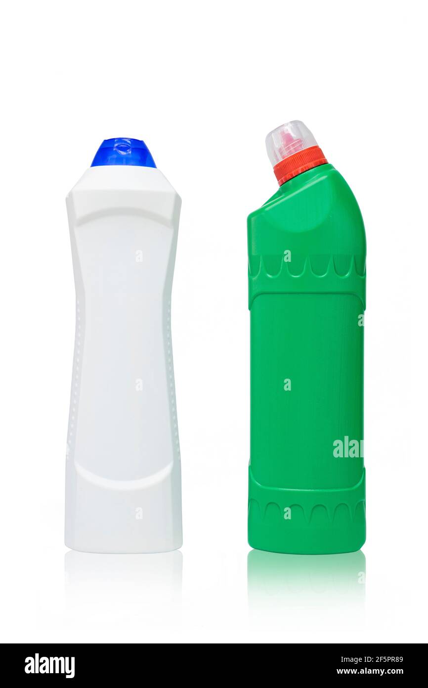 Green and white detergent bottles on isolated white background. Cleaning agents mock up. Stock Photo