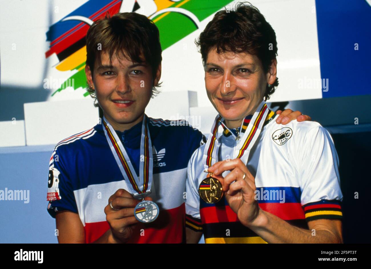 Jeannie Longo (FR), Catherine Marsal (FR) UCI road Cycling World Championships 1989, Chambery, France Stock Photo
