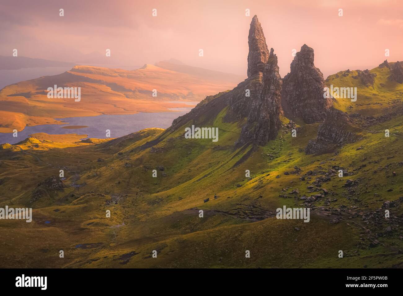 Dramatic sunrise or sunset view of the prehistoric Scottish Highlands ...