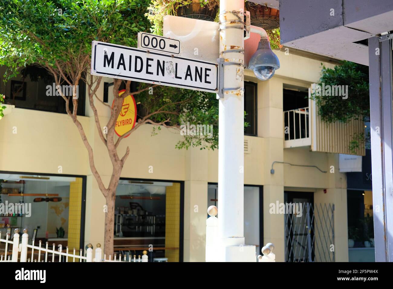 Maiden Lane street sign; pedestrian mall in San Francisco, California home to high-end boutiques, art galleries; gentrified former red light district. Stock Photo