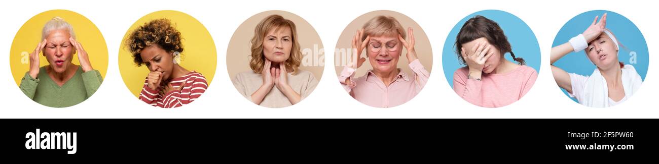 Collage of several portrait in circle of senior and young women with neckache, headache, coughing. Studio shot Stock Photo