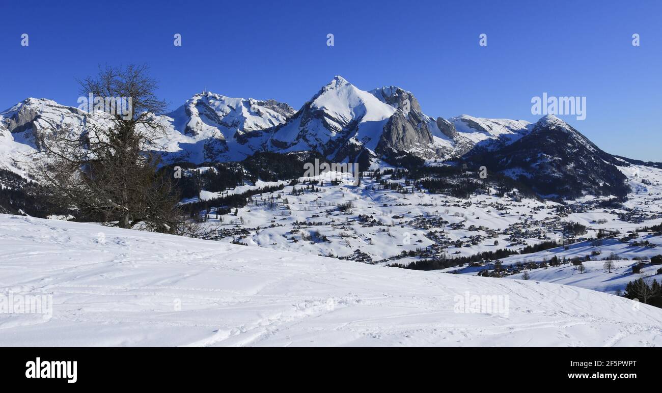 Alpstein Massif seen from Iltois, Toggenburg Valley. Stock Photo