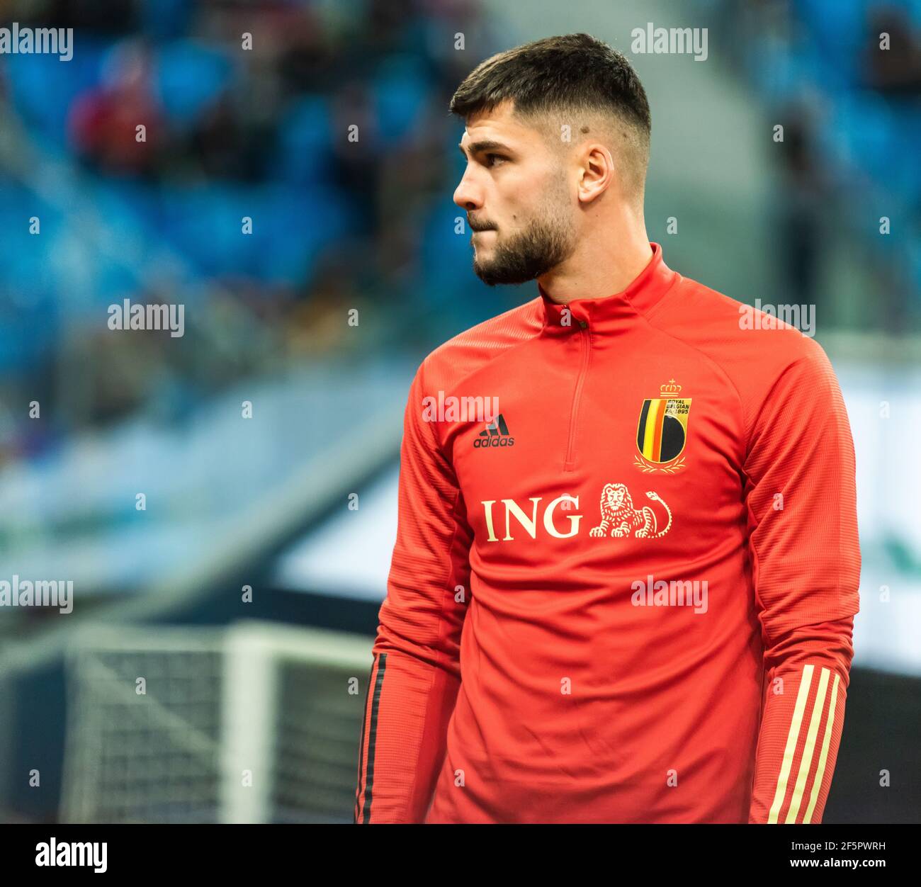 Saint Petersburg, Russia – November 16, 2019. Belgium national football team left back Elias Cobbaut before UEFA Euro 2020 qualification match Russia Stock Photo