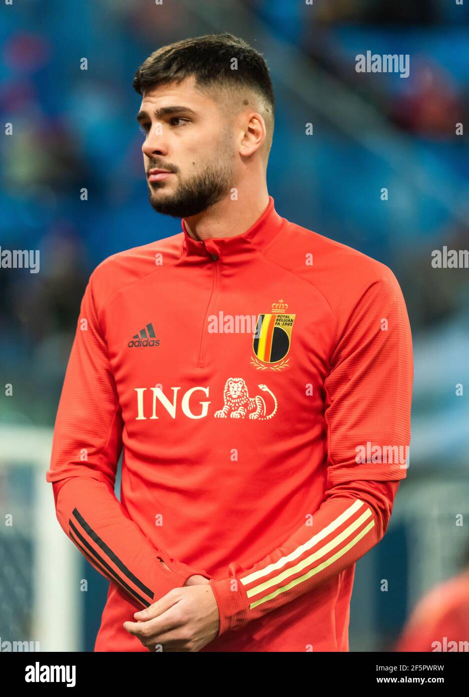 Saint Petersburg, Russia – November 16, 2019. Belgium national football team left back Elias Cobbaut before UEFA Euro 2020 qualification match Russia Stock Photo